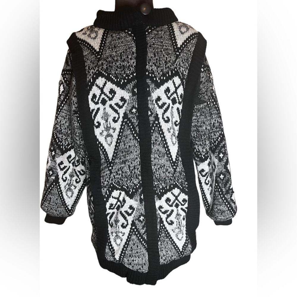 Vtg Oversized Abstract Aztec Fair Isle Chunky Knit Sweater Coat Womens Size S